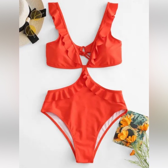 ZAFUL Ruffle High Waisted Backless Swimsuit - Bright Orange M - Picture 2 of 6